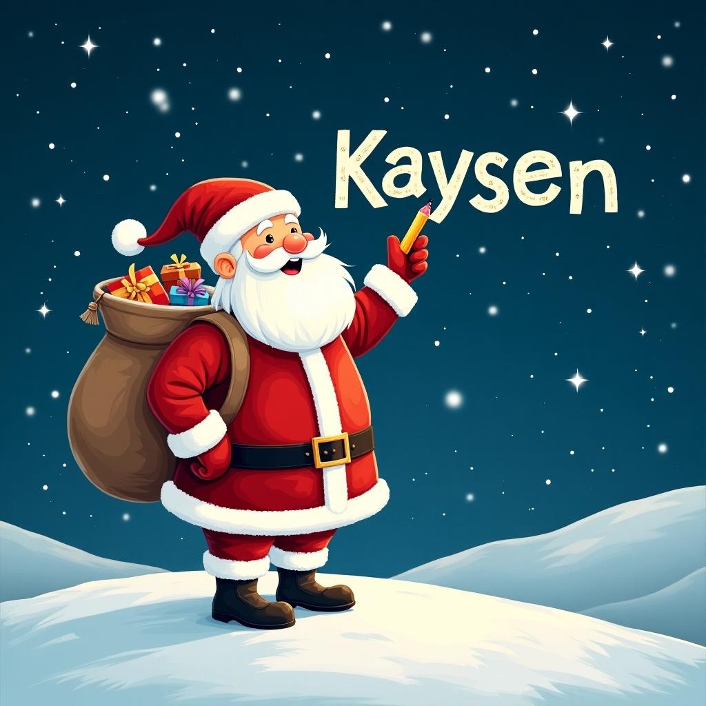 Santa Claus stands on snowy hill with starry night. He writes names in sky with pencil. He is dressed in red and white. A large sack of gifts is on his back. The name 'Kaysen' is in whimsical font.