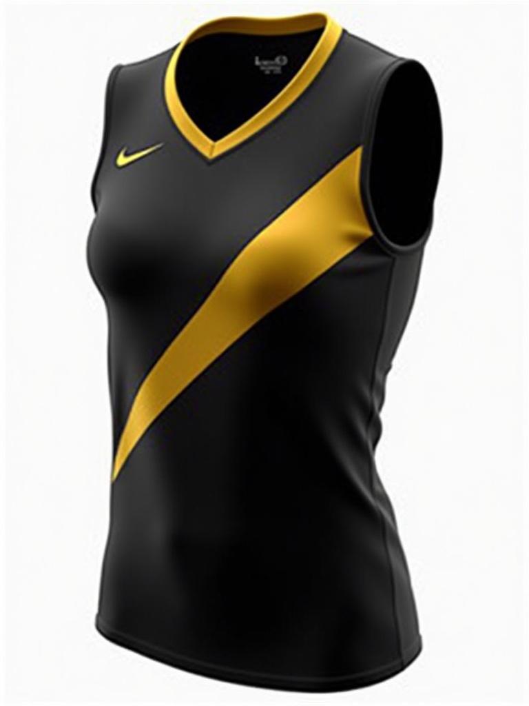 Design of a sleeveless volleyball jersey. Black base with gold accents. Modern design with a diagonal gold stripe. Nike logo on chest. Aesthetics and performance focus. Suitable for athletes and fans. Ideal for team sports.