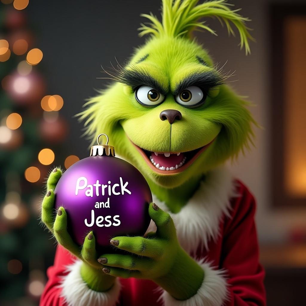 A green cartoon character resembling The Grinch. The character holds a purple ornament. The ornament contains the names Patrick and Jess. Background is festive with a Christmas tree.