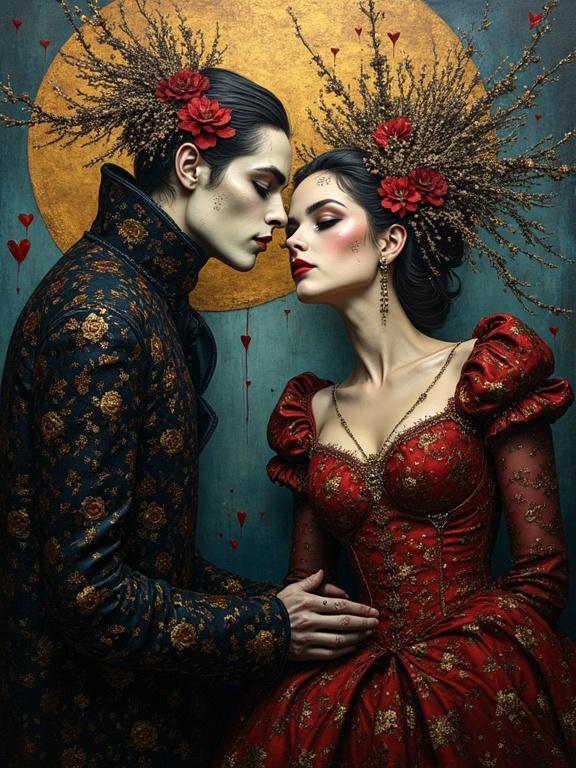 Highly detailed painting of a couple in ornate costumes. Rich red and gold colors dominate the scene. Artistic elements include thick paint texture and a cinematic atmosphere. The couple poses intimately with dramatic backdrop.