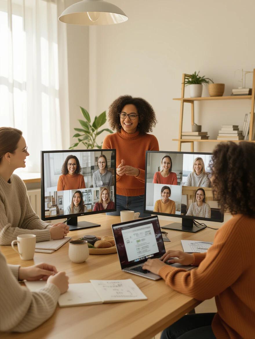 Motivational online workshop features diverse mothers participating from home. Multiple screens display a female instructor teaching. Notes and coffee are present on the tables. The atmosphere is uplifting. The light is warm, resembling golden hour. The mood is inspiring.