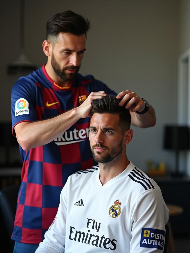 A person in a Barcelona jersey is giving a haircut to a friend in a Real Madrid jersey. The setting is indoors with daylight. The activity focuses on styling hair. Professional photo quality is high. Spectators can feel the playful sports rivalry.