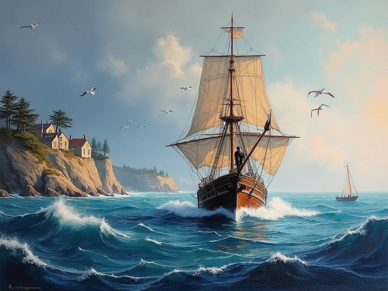 Impressionist-style painting showing an old sailing ship with billowed sails. A sailor leans into the wind on the deck. Stormy sea depicted with dynamic brushwork. Sky has shades of blue grey and violet. Background features a rugged coastline with fishermen's houses and seagulls. Distant sailboat adds depth.
