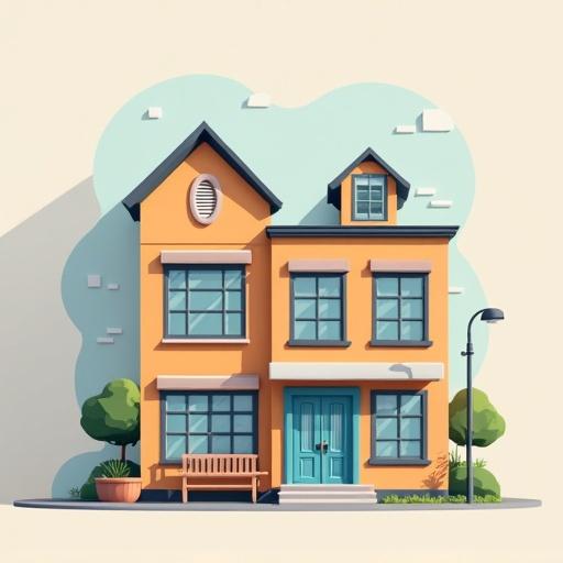 A colorful and stylized 2D illustration of a house. The house has an orange exterior and a blue door, with a front bench and small trees. Simple background with little details. Bright and cheerful design.