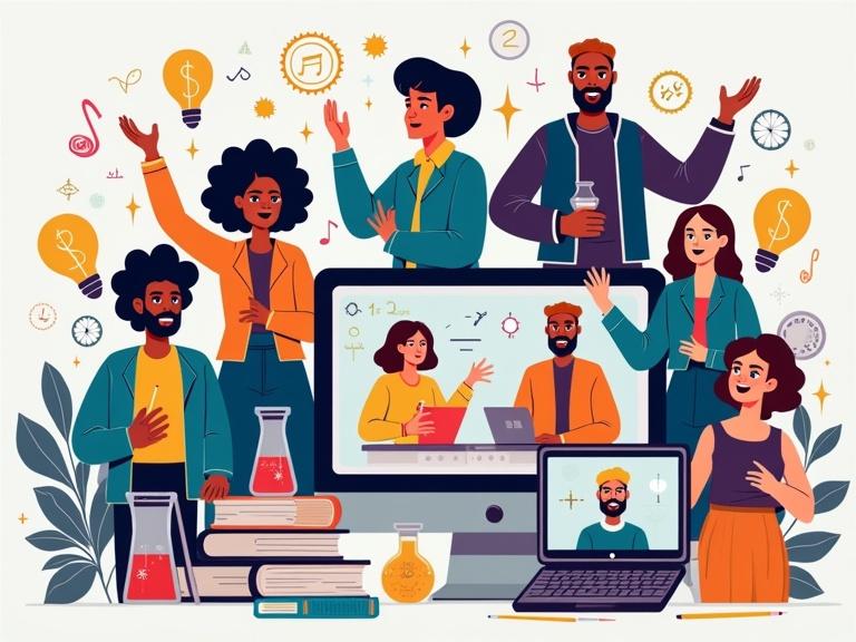 Illustration of diverse group of EduTok creators. Each creator presents content on screens or phones. Surround screens with visuals like beakers, books, mathematics, paint palettes, historical icons, musical notes. Include lightbulbs, arrows, animated text symbolizing learning and creativity. Style should be modern, colorful, and inspirational.