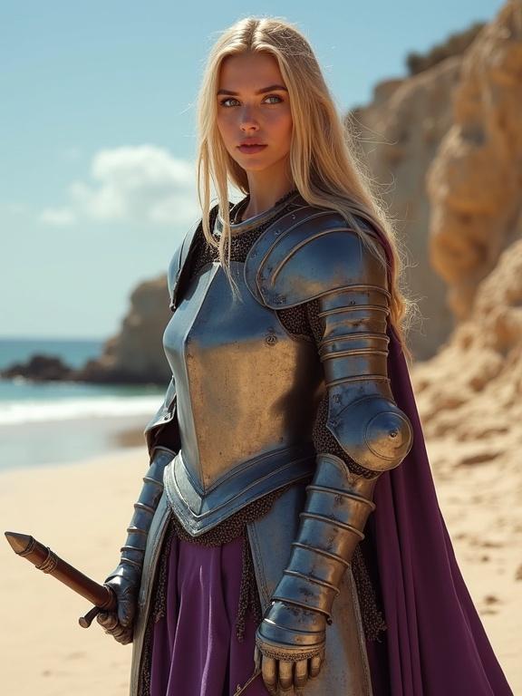 A young medieval woman stands at the beach. She wears a complete set of metallic armor with a chainmail underlayer. Her Tyrian purple cloak flows around her. The background shows a sandy beach and blue ocean. Armor covers her body entirely. Composition shows her shoes brushing the sand. The image captures a high-quality realistic style.