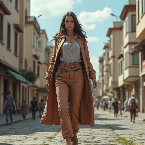 A fashionable woman stands in a city street surrounded by smaller buildings and people. She wears a stylish outfit with a long coat and has flowing hair. The street appears busy with pedestrians and shops in the background.