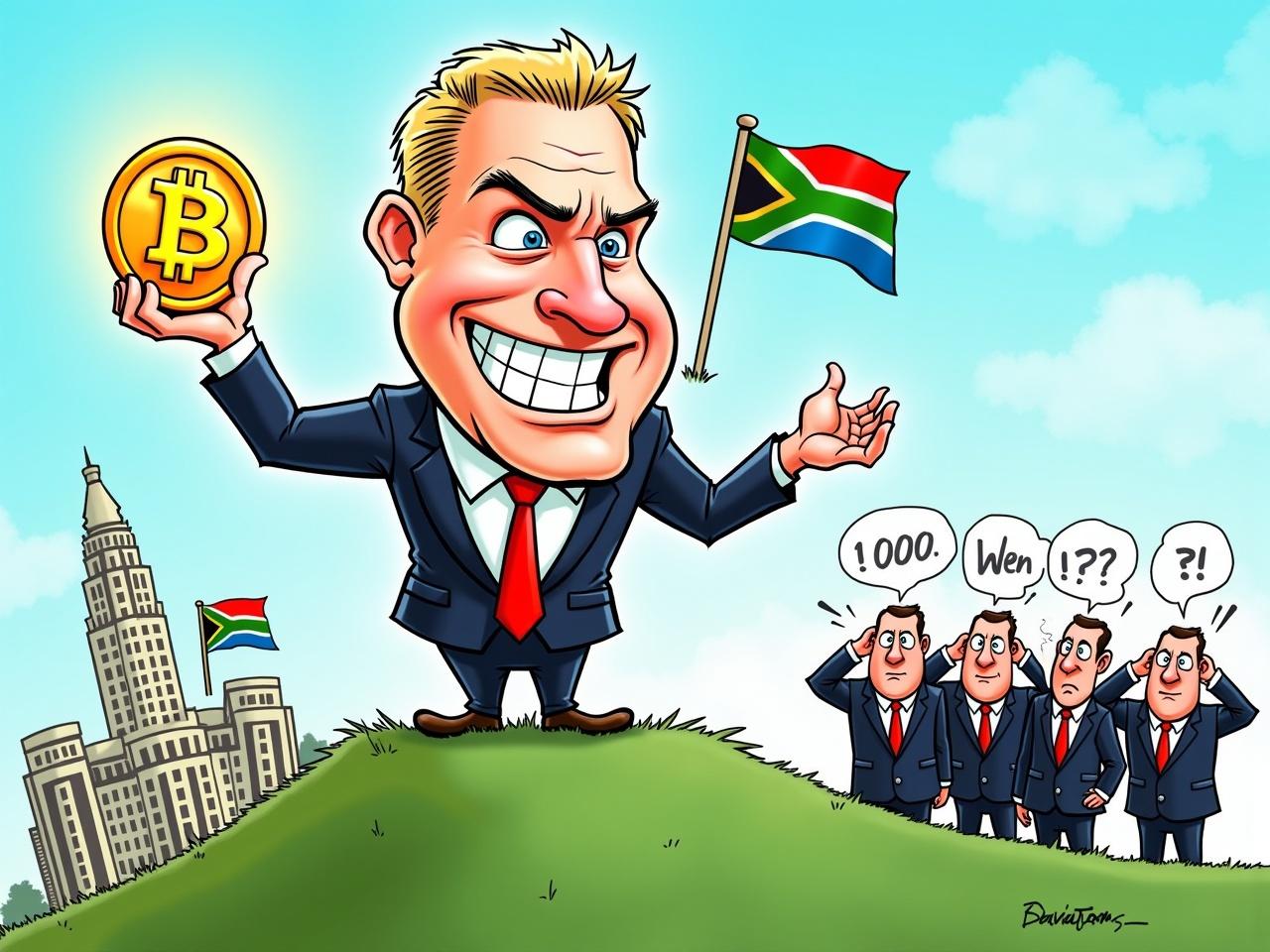 Create a political cartoon in the style of David Doubell's BizNews cartoons (DavidDToons). The central figure is a male character depicted as a confident, white businessman with exaggerated features: he has a large jawline, short blond hair combed back, and expressive eyes filled with smug confidence. His wide, toothy grin enhances his boastful demeanor, with arched eyebrows showcasing his self-assured expression. He wears a dark suit, a white shirt, and a bright red tie for contrast, standing on a grassy platform while holding a large, gleaming gold Bitcoin with the Bitcoin logo clearly visible above his head in one hand, while his other arm gestures outward broadly. His head is noticeably larger than his body, reflecting caricature proportions. In the background, simplified versions of iconic South African landmarks like the Union Buildings and waving flags are visible, drawn with thick lines and bright colors like greens, blues, and reds. A group of bewildered government officials in suits reacts with exaggerated confusion: one scratches his head, another facepalms, and one has wide, shocked eyes. The sky is bright blue with cartoonish clouds. The cartoon embodies thick outlines, bold contrasts, and a humorous, satirical tone typical of BizNews cartoons, reflecting the theme of governance reform and emphasizing the contrast between the confident businessman and the perplexed officials.