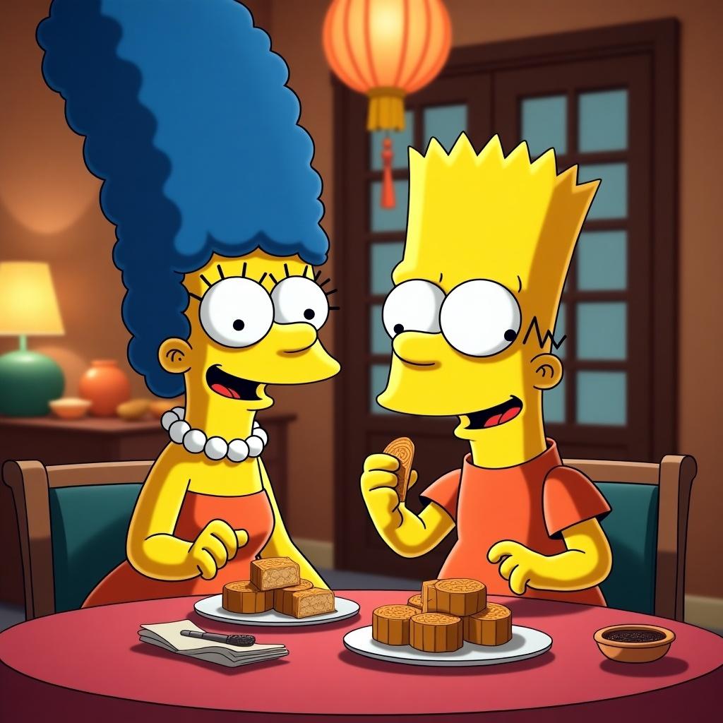 Two cartoon characters sit at a table enjoying mooncakes. They display cheerful expressions. The setting is a cozy hotel restaurant.