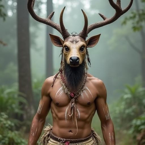 Male Maya dancer in a deer guardian costume. Deer face mask with painted eyes and naturalist snout. Lightweight antlers with feathers. Face and chest painted white and red. Beige skirt and belt with tribal details. Movement is graceful. Set in a misty forest.