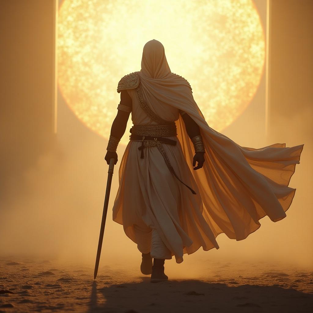 A warrior stands tall facing the rising sun. Cloaked in flowing garments, the figure exudes strength and victory taking in the scene of a new day.