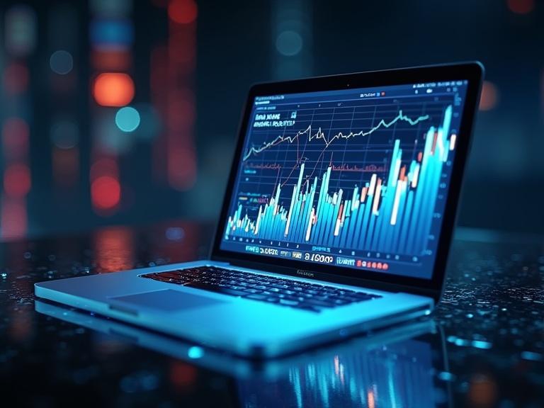 A laptop displaying financial data on a holographic Mac. The background features glowing stock charts and data visualizations. Represents mobile banking and investment with an atmospheric glow.