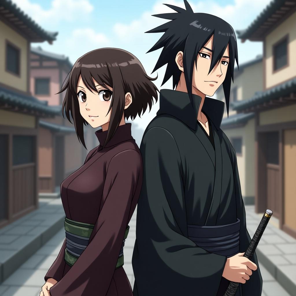 Anime scene featuring two ninja characters standing back to back in a Japanese town setting. The male character, Hashirama Senju, is on the right in full ninja gear. The female character on the left has short brown frizzy hair and feminine features. Both hold kunai.