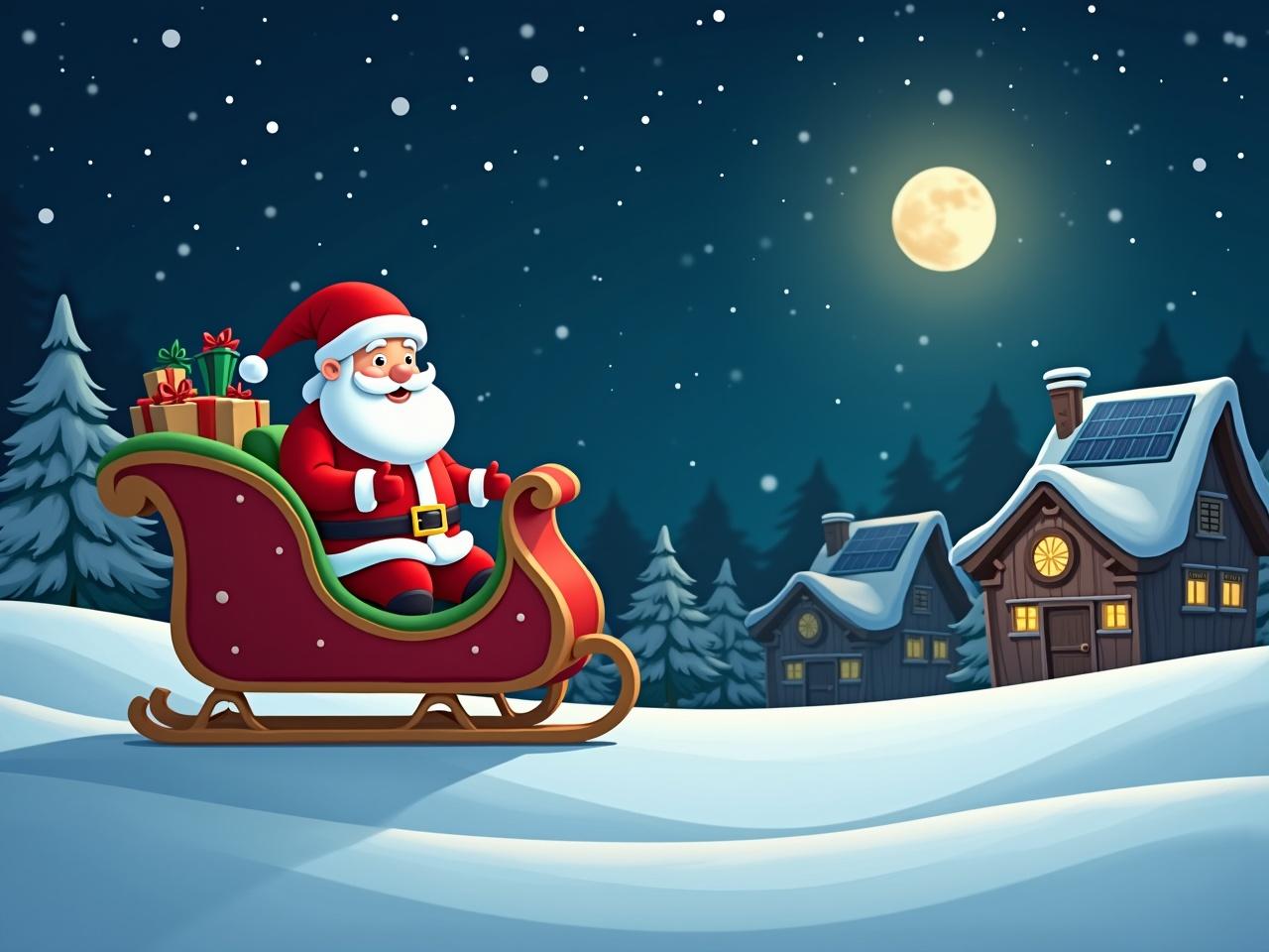 Santa in a red sleigh filled with presents. Sleigh is in snowy surroundings. Night sky with stars and moon. Cartoon style. Houses with solar panels are visible.