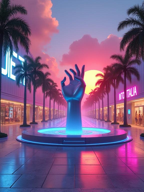 Digital artwork depicting a futuristic neon-lit shopping mall at dusk. Warm hues of a setting sun dominate the scene. Central focal point is an illuminated metallic hand statue in a fountain. The fountain is surrounded by a reflective tiled plaza. Palm trees are spaced evenly around the plaza. Background features modern minimalist buildings with large brightly lit windows. Signage includes 'JET' and 'INTO ITALIA'. The sky has a pink orange blue gradient. Overall style is cyberpunk and retro-futurism with meticulous detailing.