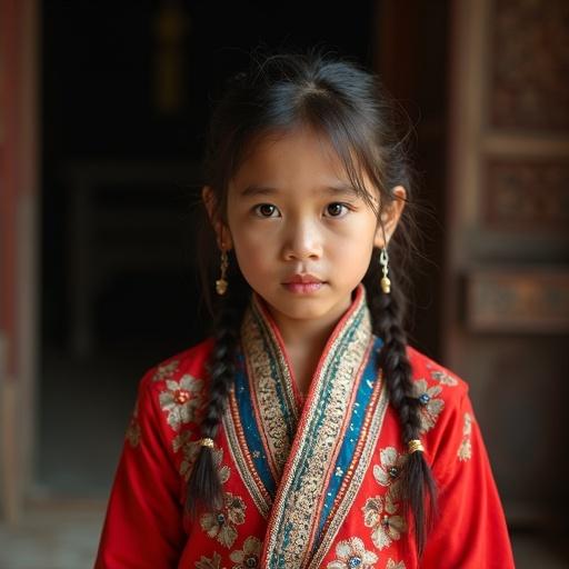 A girl in traditional attire stands with a serious and captivating expression. The outfit has intricate designs and vibrant colors. The background indicates a cultural setting. The subject appears delicate yet strong, evoking intrigue.