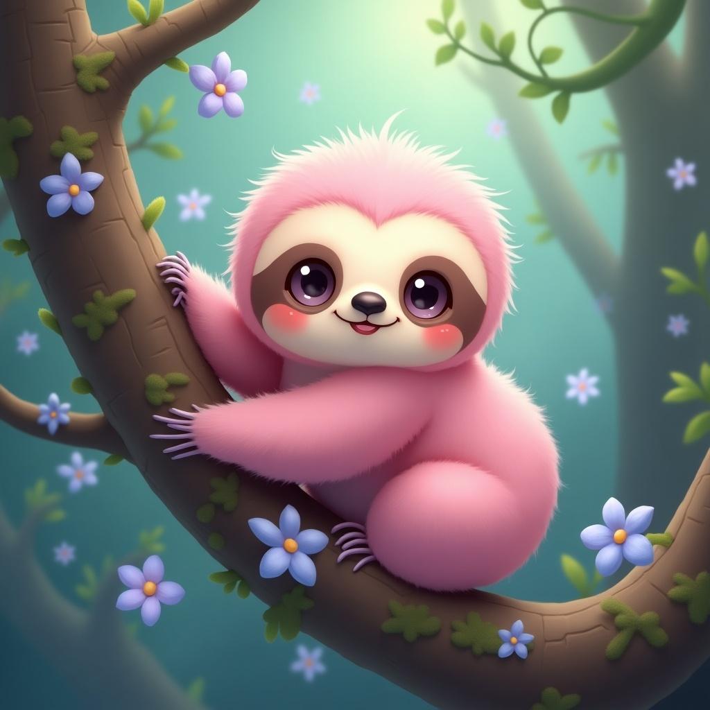 An adorable pink sloth-like creature in a whimsical forest setting with pastel colors and floral elements. The sloth has soft pink fur, a rounded head, and large expressive eyes. It clings to a rich brown tree branch surrounded by lavender-blue flowers and a soft teal background.