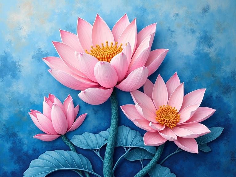 Acrylic painting of textured flowers features pastel pink lotus flowers on a blue water-like background with a textured oil paint wash. Includes intricate paper lotus flower design using mixed mediums.