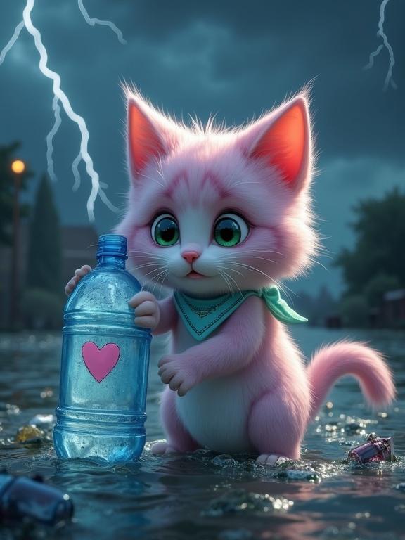 Fluffy anthropomorphic kitten with pastel pink and lavender fur in floodwaters. Kitten has creamy white belly and large expressive green eyes. Holding a plastic water bottle with a pink heart. Lightning in the dark sky. Debris floats around. Kitten shows desperation.