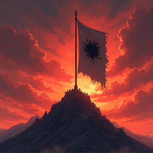 Anime style art featuring a tattered vertical banner on a mountain of corpses with a flagpole. Fiery red sky with aflame clouds. Darker warm colors dominate the scene.
