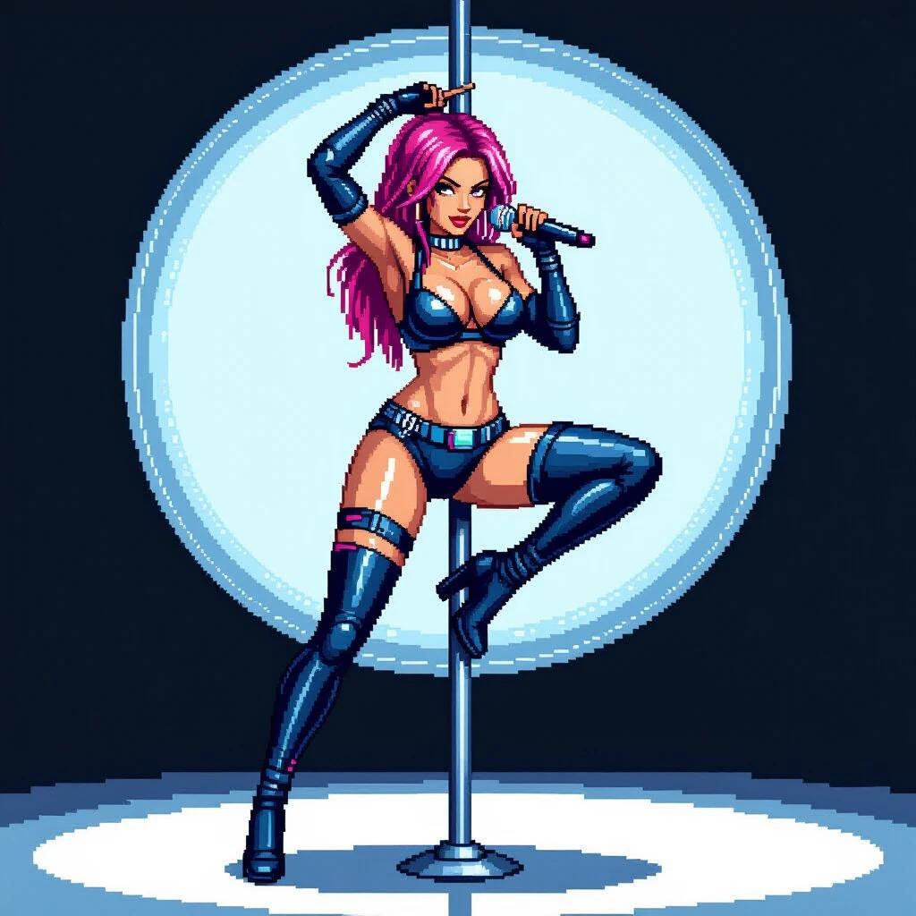 High definition pixel art of a character performing on a pole. Sci-fi inspired stripper design. Set against a bright white backdrop. Character features vibrant pink hair and sleek black attire. Displaying dynamic pose with a microphone.