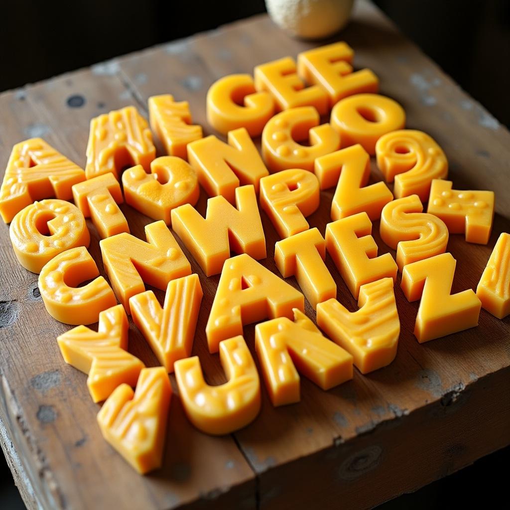 The image showcases a playful arrangement of shaped cheese letters, designed to resemble the Arabic alphabet. Each letter is crafted from bright yellow cheese, adding a fun and colorful element to the presentation. The letters are laid out on a rustic wooden surface, emphasizing a casual and inviting style. Natural light enhances the vibrant color and textures of the cheese. This creative food art could be used for educational purposes or as an eye-catching display in culinary presentations.