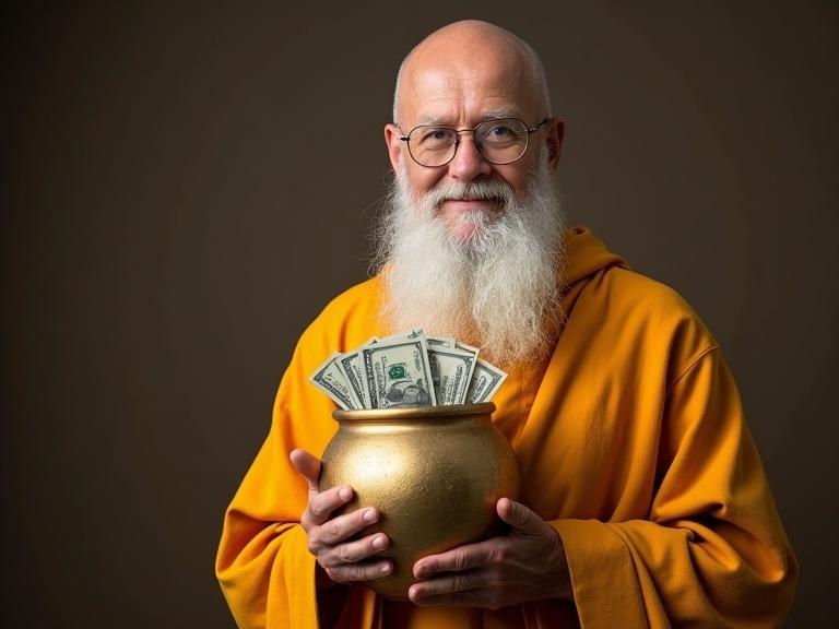 Monk holding a pot filled with dollar bills. Monk wears golden robes. The monk is smiling. The background is brown. The monk has a long white beard.