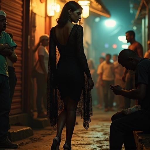 A woman sways under a neon-lit streetlamp in a slum alley. She wears a sheer black dress and high heels. The damp pavement reflects the light. She leans into a shadowy figure. The crowd around is blurred, creating an intimate yet tense atmosphere. An older man stands against the wall. A vendor clutches a crumpled note. The air is filled with incense and sweat.
