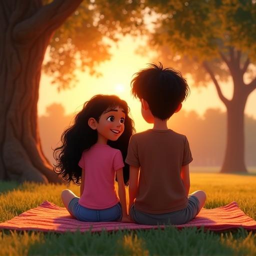 Two children sit on a picnic blanket. A girl and a boy smile at each other. A sunset creates an orange and gold background in a park. They are under an oak tree.