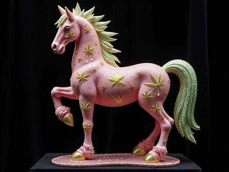 Majestic horse sculpture adorned with multicolored Swarovski crystals. Fur and tail feature glowing cannabis leaf patterns. Horse stands upright in playfulness. Sparkling gemstones include pink, green, gold, and violet. Dazzling appearance under studio lighting on black velvet background. Highly detailed and stylized, with influences from Fabergé and Jeff Koons.