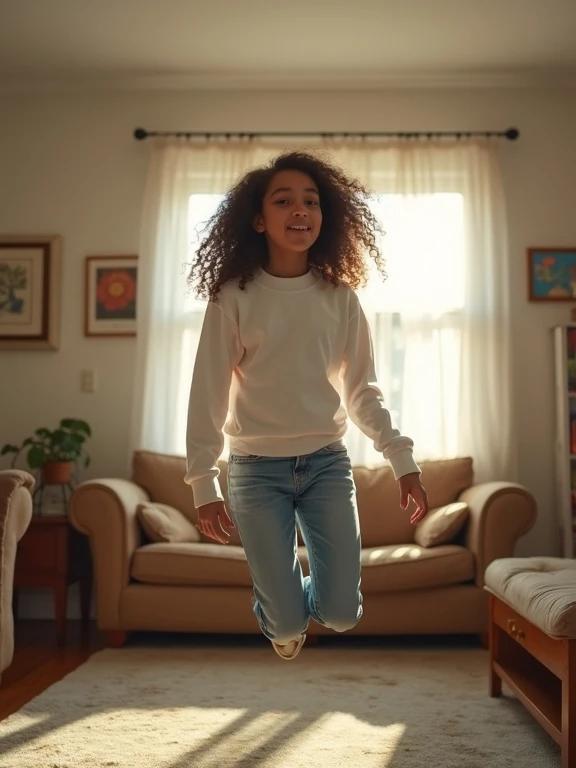 Teen girl jumps in the living room wearing a long jumper. Bright colors dominate the scene. The photo has low resolution with a cozy atmosphere.