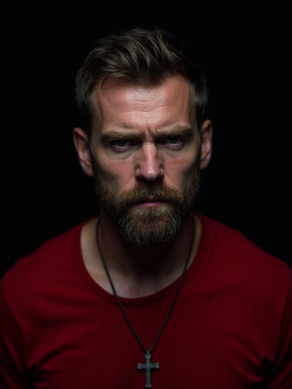 A Caucasian adult man with short brown hair and a neatly trimmed dark beard. Head slightly tilted down. Eyes express deep contempt. Wearing a simple red t-shirt and a necklace with a small cross. Background is black. Lighting is dramatic with deep shadows. Image is highly realistic and hyperrealistic. Medium shot focusing on the man's face and upper torso. High quality capturing textures and emotions.