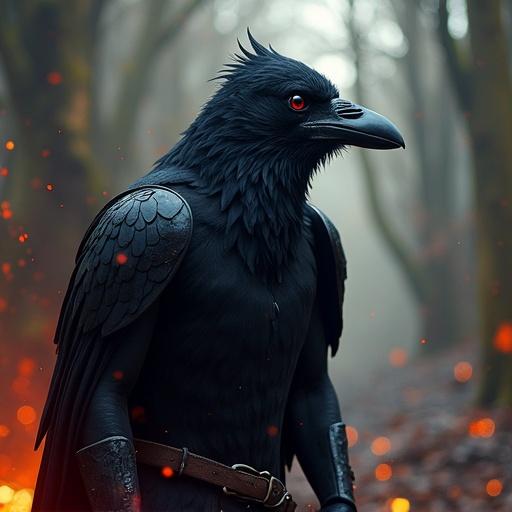 A crow character with striking features stands in a foggy forest. The character has its mouth open in a surprised expression. The scene has an intense atmosphere with hints of firelight.