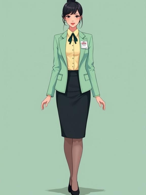 Full body image of airport ground staff uniform concept. Female in late 20s. Pastel yellow long-sleeve blouse and mint-green blazer. Black pencil skirt. Black closed-toe low-heel pumps. Bunned black hair with light makeup and red lips. Name tag on blazer. Black lanyard with ID badge. Dark-blue gingham scarf tied at collar.