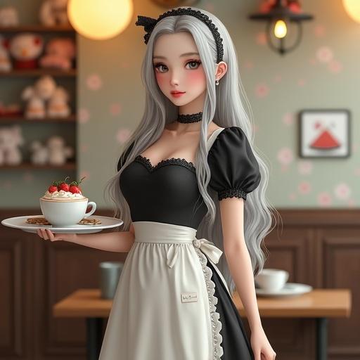 Highly realistic full-body portrait of a young woman working as a maid café waitress. Long flowing silver hair styled in loose half-up. Fair skin glowing under warm café lighting. Light blue-gray eyes, calm expression. Wears a fitted black and ivory maid uniform with lace trim and puffed sleeves. Crisp white apron tied with a bow. Mid-thigh skirt, black stockings, low-heeled shoes. Holding a silver tray with a strawberry parfait and latte. Background is a cozy café with pastel wallpaper and wooden tables.