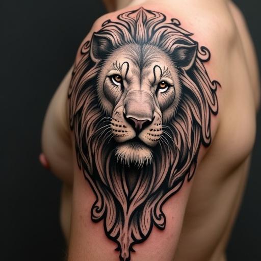 Tattoo of a lion head on a shoulder. Design features intricate tribal patterns and detailed fur. The lion has an expressive face. The tattoo covers a significant part of the upper arm.