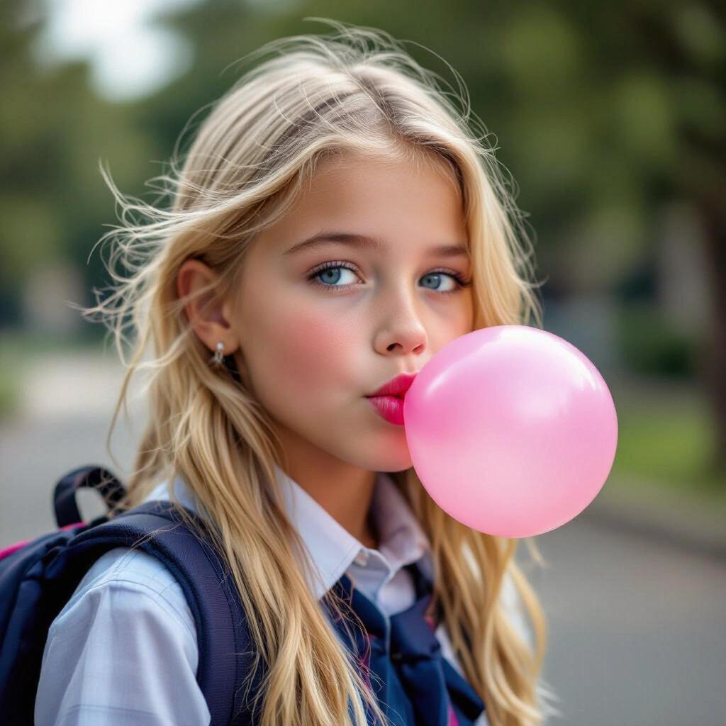 Young blonde hair blue-eyed schoolgirl wearing a backpack is chewing pink bubble gum. She is blowing a massive pink bubble against a natural background.