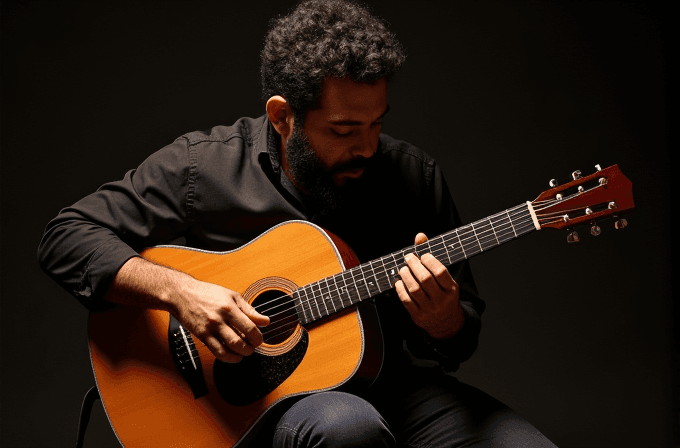 A man in a dark shirt plays an acoustic guitar with concentration against a shadowy backdrop.