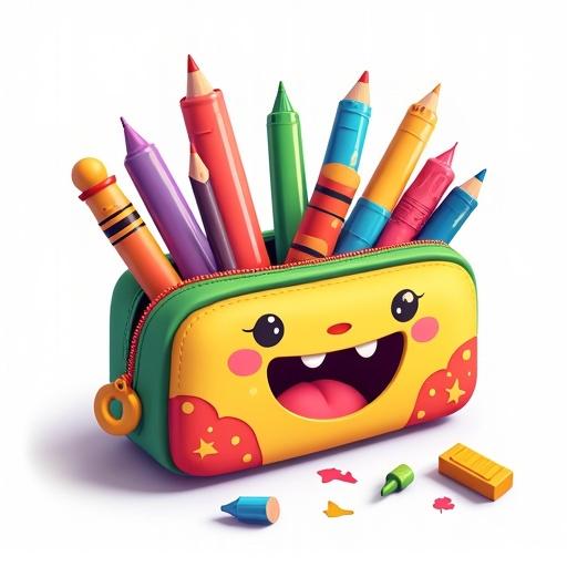 Vibrant 3D cartoon-style illustration of a playful pencil case. It has a friendly design with patterns like stars and stripes. The case is slightly open, revealing colorful pencils and markers spilling out. The items include chunky crayons and thin fine-tipped markers. The background is completely white to highlight the pencil case and its contents without distractions. Overall look is cheerful and inviting, capturing creativity and fun. Bold outlines and exaggerated features enhance its cartoonish style. The scene conveys a sense of imagination, appealing to children and art enthusiasts.
