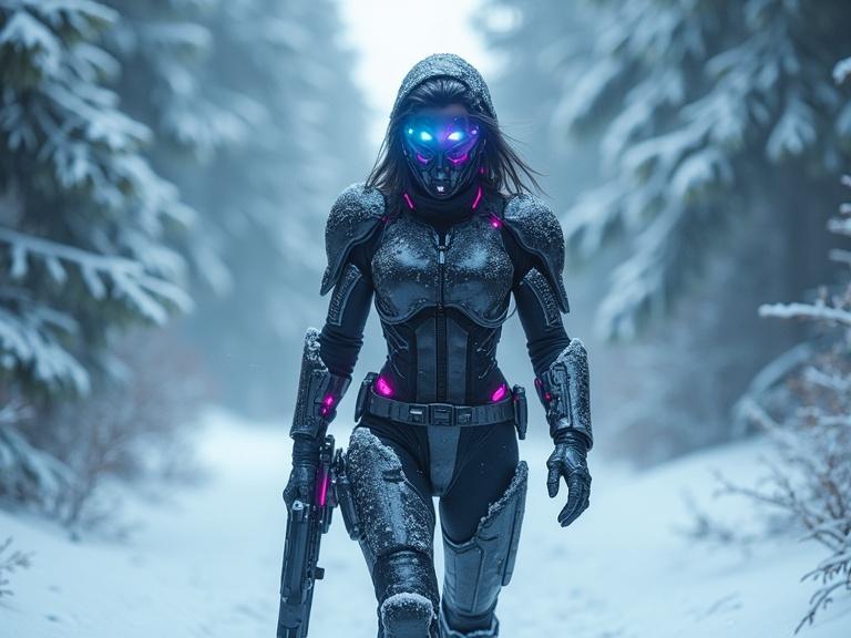 Hyper-realistic photo of a futuristic warrior woman in cybernetic armor walking through a snow-covered ancient forest. The armor glows with neon-blue and magenta. She holds a futuristic weapon in a combat-ready stance. Frost-covered pine trees and fog are present in the background with holographic glitches in the air. Her face is partially obscured by a high-tech visor. The scene has a cinematic atmosphere with a cold, blue-dominated color palette and pops of neon.