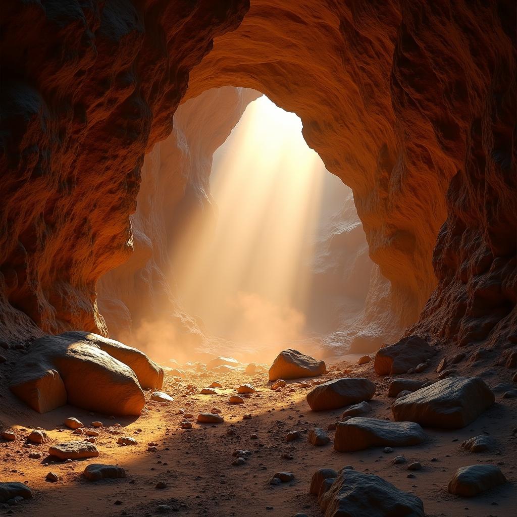 A stunning cave scene where sunlight streams through an archway, illuminating the rugged texture of rocky walls. The foreground displays a rough terrain dotted with boulders and a layer of dust. This landscape is enhanced by a misty atmosphere, lending it a mystical quality. The color palette consists of warm oranges and deep browns, giving a dramatic effect to the scene. Overall, it evokes feelings of adventure and the beauty of nature.