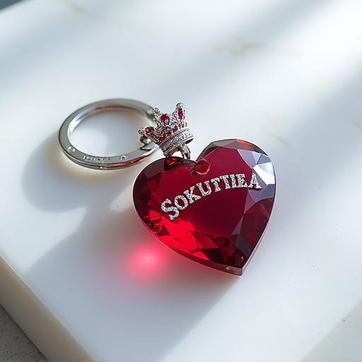 Photograph of a heart-shaped ruby crystal keyring rests on a white Carrara marble surface. Keyring has text SOKUNTHEA in silver rhinestones. A miniature silver ring loops around the ruby heart's base. A tiny crown sits atop the ruby. Lighting creates reflections across the marble.