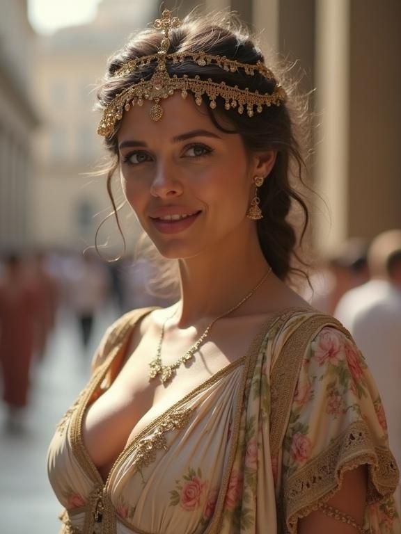 Woman dressed in ancient Greek attire. She wears a delicate tiara and jewelry. The dress features intricate floral patterns and a deep neckline. Warm lighting enhances the elegance. The image has a laid-back atmosphere with vibrant colors.