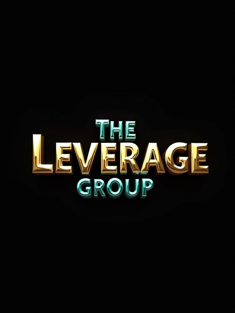 Create a 3D logo for The Leverage Group in bold chrome letters. The letters shine with gold and teal reflections against a black background. It should evoke elegance and sophistication with a luxurious contrast between the shiny letters and the background. The logo should have a clean transparent look after removing the black background.