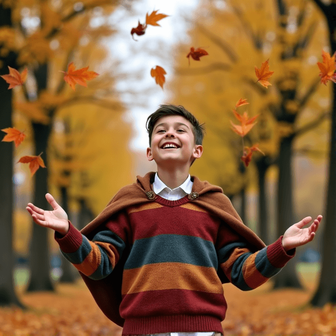 A smiling boy plays with falling autumn leaves in a park.