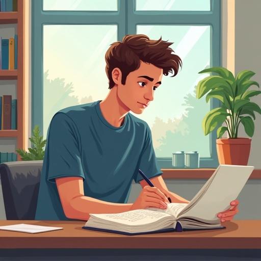 Cartoon style image of a university student reading while studying. The student is sitting at a table in a well-lit room with a window. He is focused on writing in an open book. There are plants and books in the background.