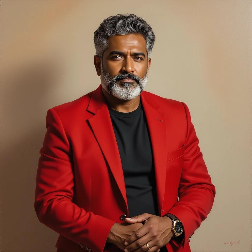 Captivating oil painting of a man. Dark skin tone. Slightly overweight build. Vibrant red blazer over black t-shirt. Dark pants. Body turned to the right side. Head looking back at the camera. Direct and serious gaze. Short curly gray hair. Full gray beard and mustache. Hands gently clasped in front at waist level. Upper body view. Realistic facial details. Plain neutral background. Warm cinematic lighting. Rich oil painting texture. Visible brushstrokes. High detail. 8k resolution.