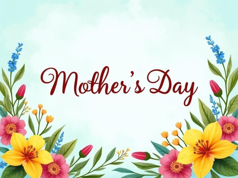 Floral Mother's Day card featuring vibrant spring flowers with a pastel blue background. Elegant cursive typography spells 'Mother's Day'. Cheerful botanical border includes yellow and pink flowers with lush green foliage. Whimsical arrangement in soft watercolor style evokes a celebratory mood.