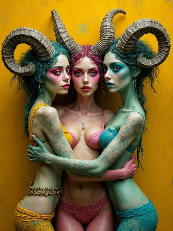 A surreal whimsical portrait featuring three exquisite legendary gypsies. This image showcases shades of green, magenta, yellow, and blue with intricate details. The background contrasts with yellow ochre and burnt sienna.
