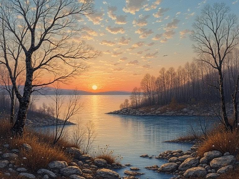 Landscape scene at twilight featuring a sunset over calm waters. Trees with bare branches line the shore. Rocks are scattered along the water's edge. Sky filled with soft, muted clouds in warm colors. Evocative artwork with a sense of depth.